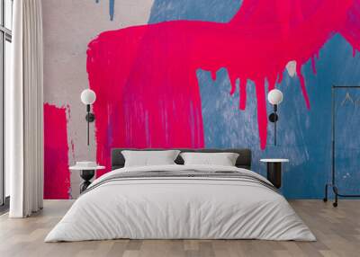 Messy paint strokes and smudges on an old painted wall background. Abstract wall surface with part of graffiti. Colorful drips, flows, streaks of paint and paint sprays Wall mural