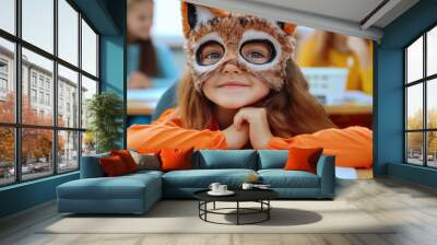 Portrait of therian kid with fluffy fox mask sitting at desk in classroom during lesson at school. Quadrobic and therian movement, childhood experiences, social media influence on young kids Wall mural