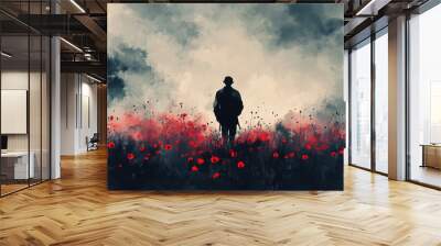 Silhouette of soldier in red poppy flowers and dramatic sky background. Remembrance Day, Memorial, Armistice, Anzac day background Wall mural