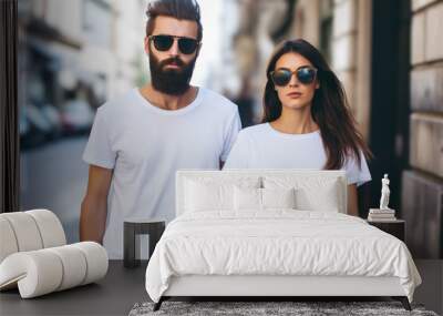 Two young man and woman, couple in sunglasses wearing white t-shirt and sunglasses walking in street. Tshirt mockup for design Wall mural