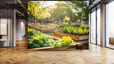 Wooden raided beds in an urban garden. People harvesting fresh vegetables, herbs spices in city urban community garden near their home. Sustainable living lifestyle Wall mural