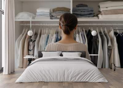 Young woman standing in front of open wardrobe with neatly folded and hung clothing. Clothes storage, clothing capsule wardrobe Wall mural