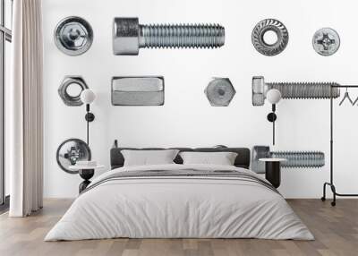 different bolts and nuts are isolated on a white background Wall mural