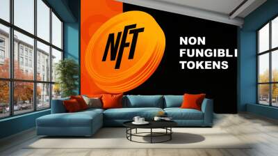 NFT Non Fungible tokens. Flying coin with black background. poster and presentation template vector illustration Wall mural