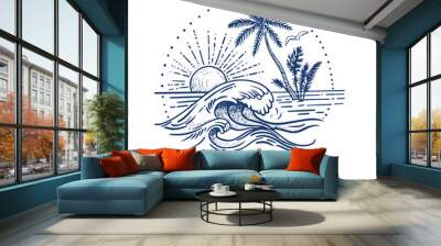 Palms, beach, big waves and sun simple minimal illustration with Big Wave . vector illustration for t-shirt and other uses. Wall mural