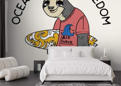 Sloth character with a surfboard vintage typography summer sports t-shirt print. Wall mural