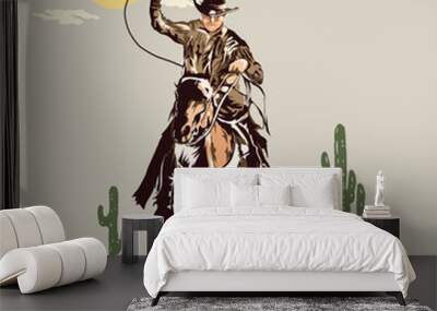 vintage cowboy riding horse in a desert illustration Wall mural