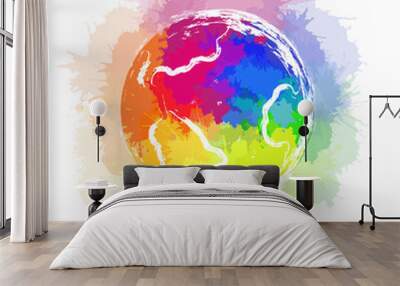 Illustration of planet earth with rainbow watercolor splashes and ink strokes on white background. The object is separate from the background. Vector element for your creativity Wall mural