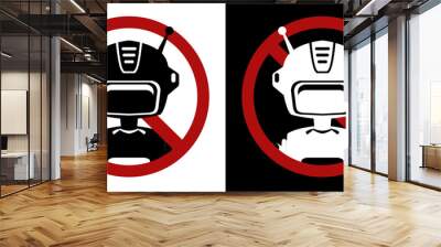 Set of vector monochrome silhouette robots in prohibition sign on white and black background. Restrictions on the use of artificial intelligence. Bots and automation forbidden. Cyborgs are banned. Wall mural