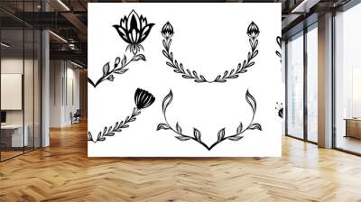 Vector monochrome set of folk art floral frames. Collection of black silhouettes wreaths of flowers and stems isolated from the background Wall mural