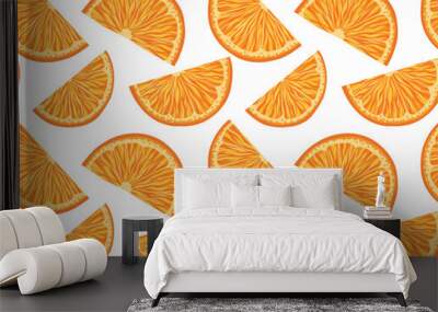 Vector seamless pattern with small orange slices on white background. Texture with cartoon juicy fruit. Summer background Wall mural