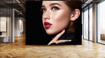 Brunette girl with red lips Wall mural