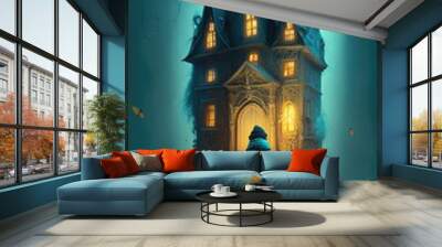 halloween night scene with little girl Wall mural