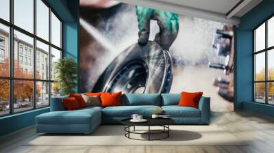 car brake disc treatment with spray, brake cleaner. Wall mural