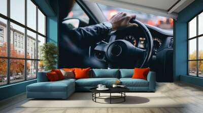 driver of a modern car in the evening. a trip  city. Wall mural