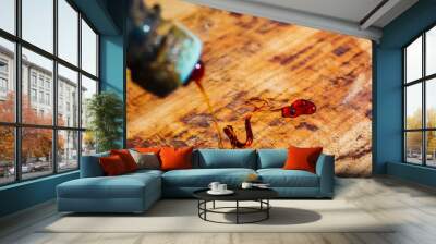 restoration of wooden furniture, treatment with epoxy resin with solid wood varnish. Wall mural