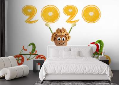 Group of funny vegetables.  Funny little  walnut raises 2020. Wall mural