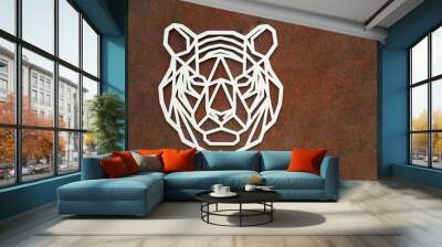 Large flat white tiger head on rusty metal wall background.Wooden big figure,winter symbol of New Year and Christmas holiday 2022.Creative design for celebration in interior.Place for text,copy space Wall mural