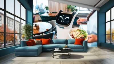 Robot waiter serve food at modern restaurant table.Offering innovation futuristic high-tech automated dining experience.Bringing,delivery automation order to customer.Digital robotic AI smart service Wall mural