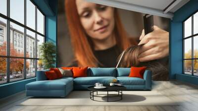 Hairstylist does cutting hair tips of a female customer in a beauty salon. Womens fashion and style. Hair care, beauty industry concept. Hairdresser doing haircut closeup of work Wall mural