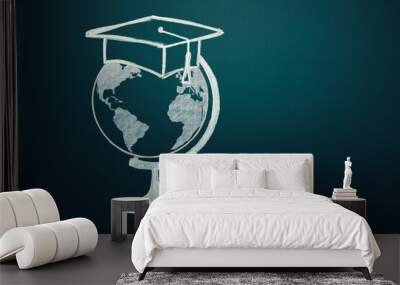 Online education concept. Studying online, internet education app and website idea. The globe with graduation hat. Copy space Wall mural