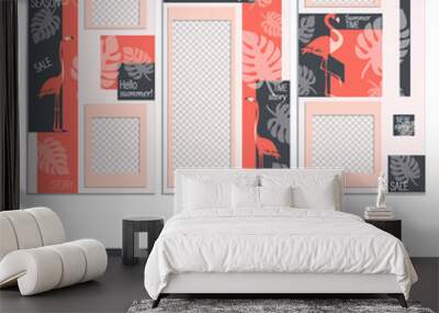 Flamingo and vertical modern patterns. Stories. Background design with tropical leaves on a red and gray background to promote sales. Suitable for social networks, web banners, posters and brochures. Wall mural