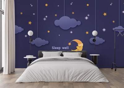 Sleep well. Night sky. Clouds, crescent moon with stars. Cartoon paper cut, dark blue sky background Wall mural