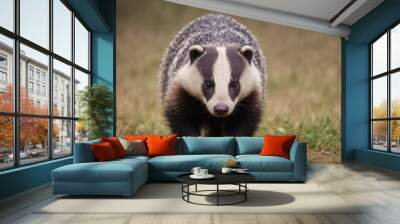  a close up of a badger walking in a field of grass with grass in the foreground and a blurry background. Wall mural