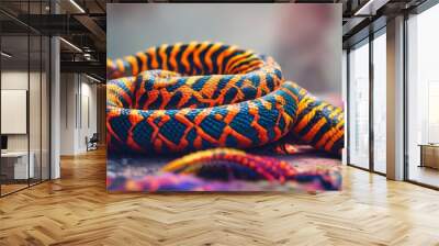  a close up of an orange and blue snake on a surface with multicolored paint on it's skin. Wall mural