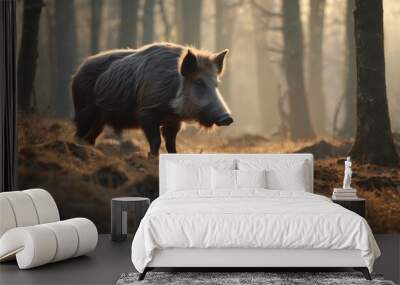  a wild boar standing in the middle of a forest on a foggy day in the early morning with the sun shining through the trees. Wall mural