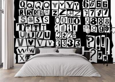 Latin alphabet, made up of letters of different sizes and shapes, is drawn in the style of inscriptions from detective stories. Black letters are cut from newspaper headlines. Part of the alphabet 2 Wall mural