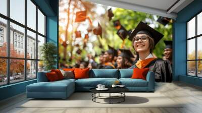 One young student University graduate in black gown, glasses and graduate cap. In the background are happy graduate students.
 Wall mural