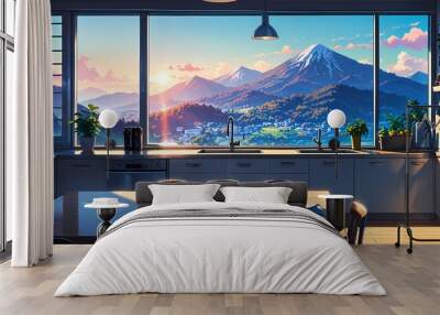 Anime kitchen with a large window framing a breathtaking mountain view, wooden countertops, and warm sunlight streaming in Wall mural