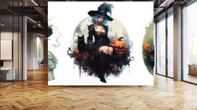 beautiful curly witch girl in a pointy hat with a Black cat in watercolor,  isolated witch for halloween set,  generative AI Wall mural