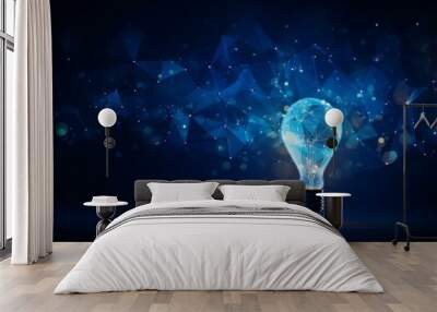 Light bulb,  idea concept with innovation and inspiration with blue glowing light on Dark background.  Wall mural