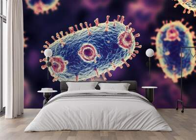 Mpox (monkey pox) virus flow with DNA inside. Close-up view of mpox virus. Monkeypox virus background banner format.  Wall mural