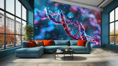 A sparkling DNA double helix illustration with a backdrop of shimmering bokeh lights representing genetic research Wall mural