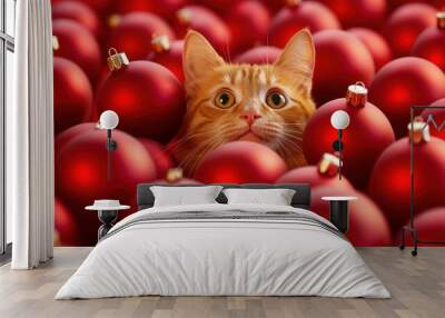 Curious Cat Peeking Through Christmas Ornaments Wall mural