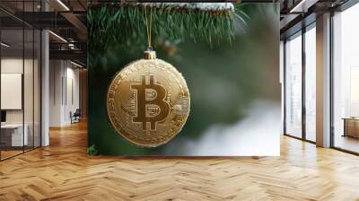 Festive Christmas Scene with Golden Bitcoin Ornament on Christmas Tree Wall mural