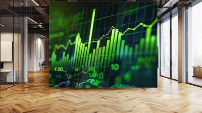 Glowing green stock market chart with upward trend on digital screen Wall mural