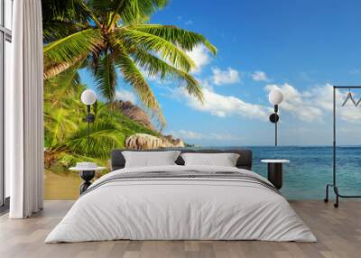 Beatiful beach Anse Source d'Argent in sunny day. La Digue Island, Seychelles.	 Wall mural