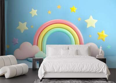 3D cartoon style colorful rainbow podium with cloud and star background. Wall mural