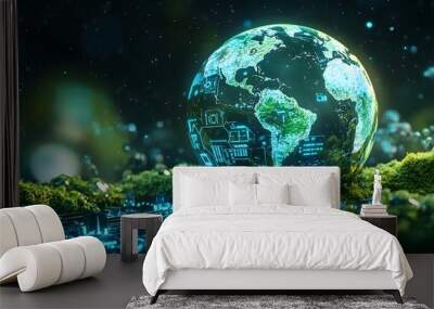 A digital globe surrounded by futuristic technology and greenery, representing global environmental protection in the future. Wall mural