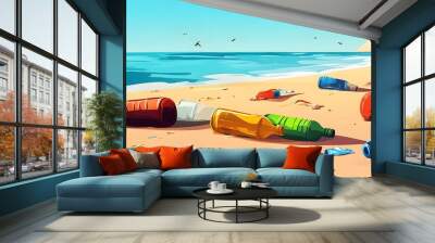 A flat vector cartoon illustration depicting plastic bottles and trash on a beach, with an ocean in the background.  Wall mural