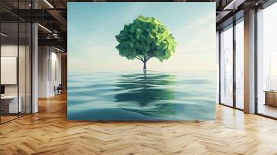 A low-polygonal tree on water with green polygonal leaves, simple background, sky, clouds Wall mural