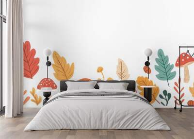 
A vector illustration of hand-drawn, cute autumn leaves, mushrooms, and acorns in the bottom border on a white background. Wall mural