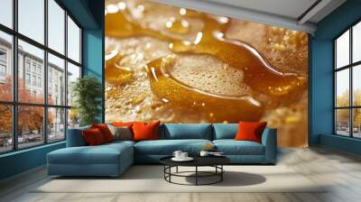 Cinematic close-up of crepes with honey and sugar, with golden brown crepes with maple syrup dripping down the side, Wall mural