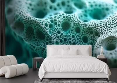 Close-up of an organic structure with teal and emerald hues, resembling delicate lace. The intricate patterns form complex geometric shapes that resemble hexagons or circles, creating the illusion of  Wall mural