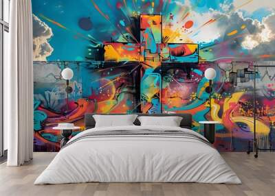 Emotive Easter cross graffiti artwork, viewed from a distance to capture the entire scene. The dynamic, bold spray paint strokes embody the raw power of street art, graffiti Wall mural