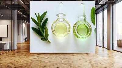 Photo of laboratory glassware with organic plant leaves and green liquid on a white background, top view, flat lay. Wall mural